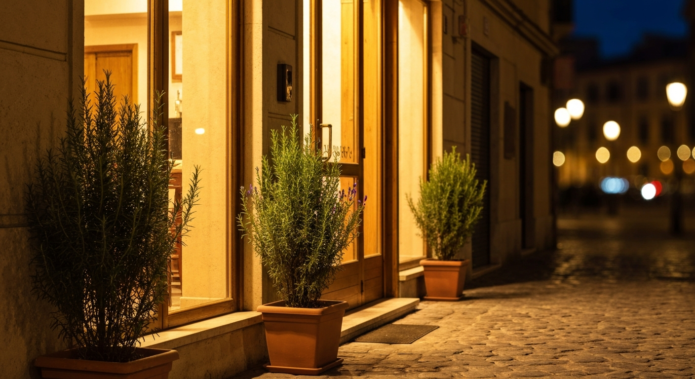 夜の温かな光が灯るイタリアンバル入口の外観