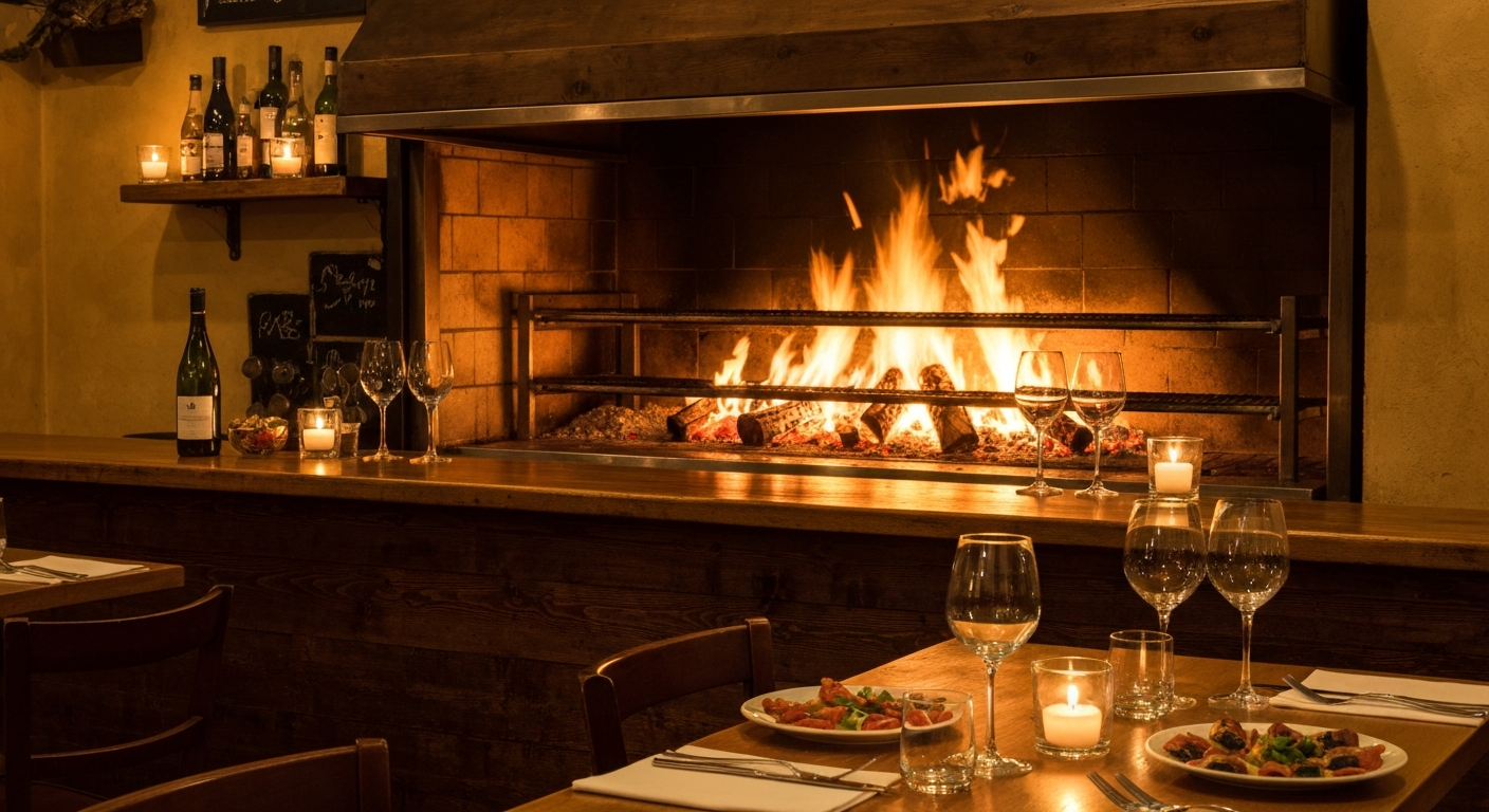 taverna＆wine fiamma の温かなイタリアンバル内観と炎のグリル